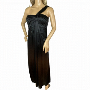 BCBGMaxAzria Black Satin Evening Gown‎ With Sequins One Strap Dress Size XS